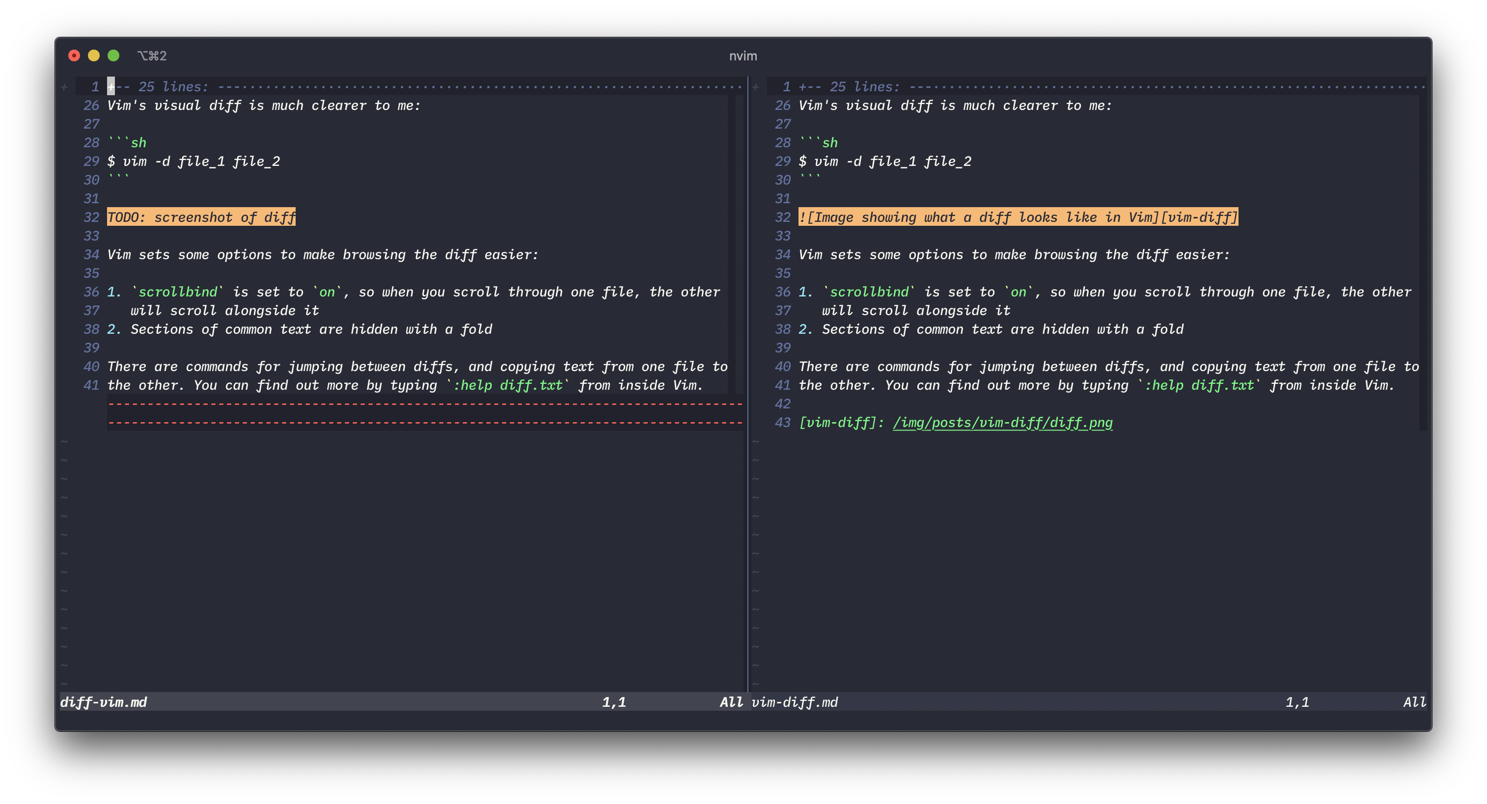Image showing what a diff looks like in Vim